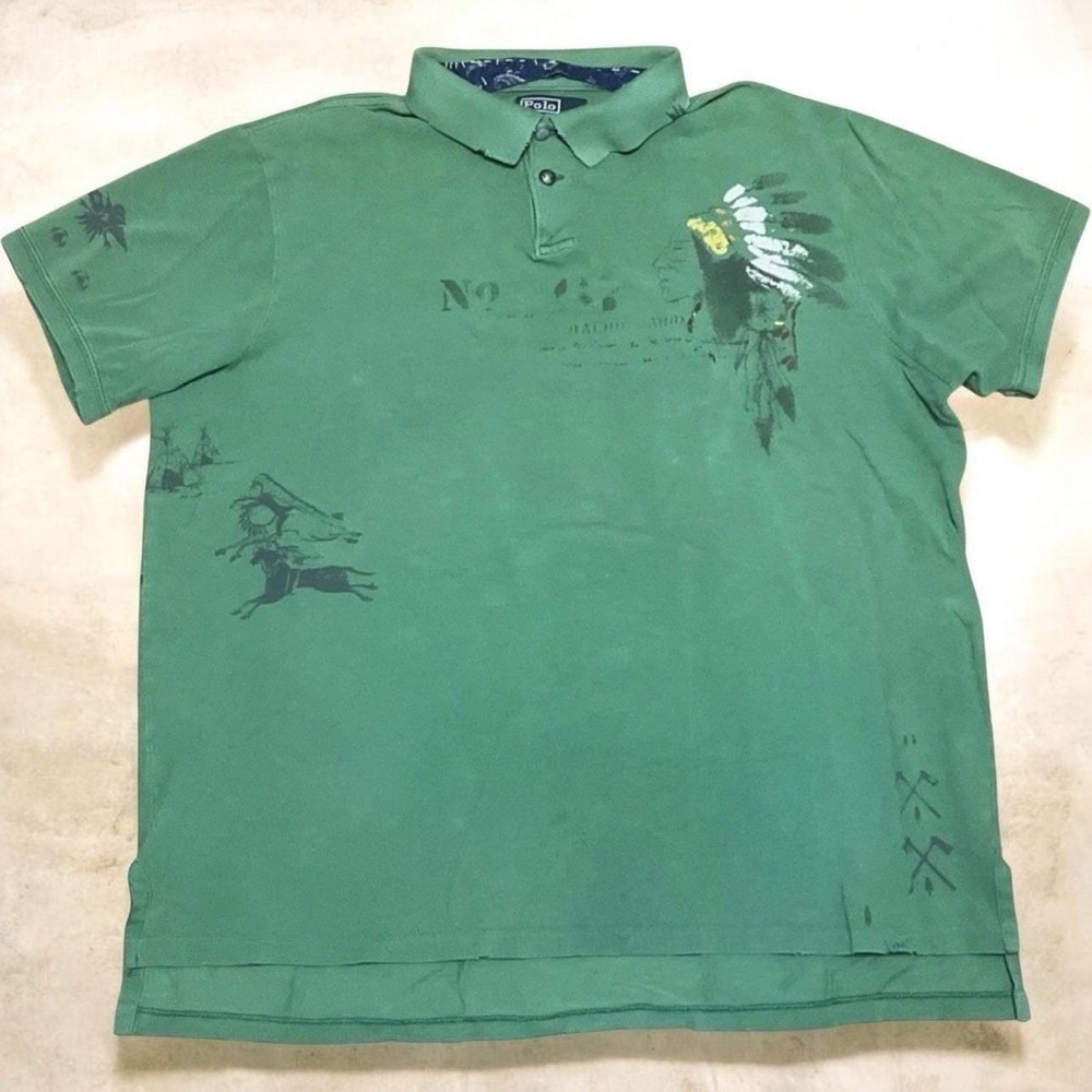 Polo Ralph Lauren Mens XXL Green Indian Chief Headdress Aztec Polo Shirt Western